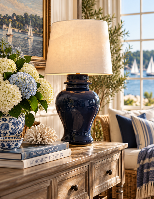 A navy blue ceramic table lamp with a beige fabric drum shade sits on a rustic wooden console table in a beautifully styled living room. The table is decorated with a blue and white floral vase of hydrangeas, a stack of books, and a coral shell, with a window in the background showing a sunny day by the water.