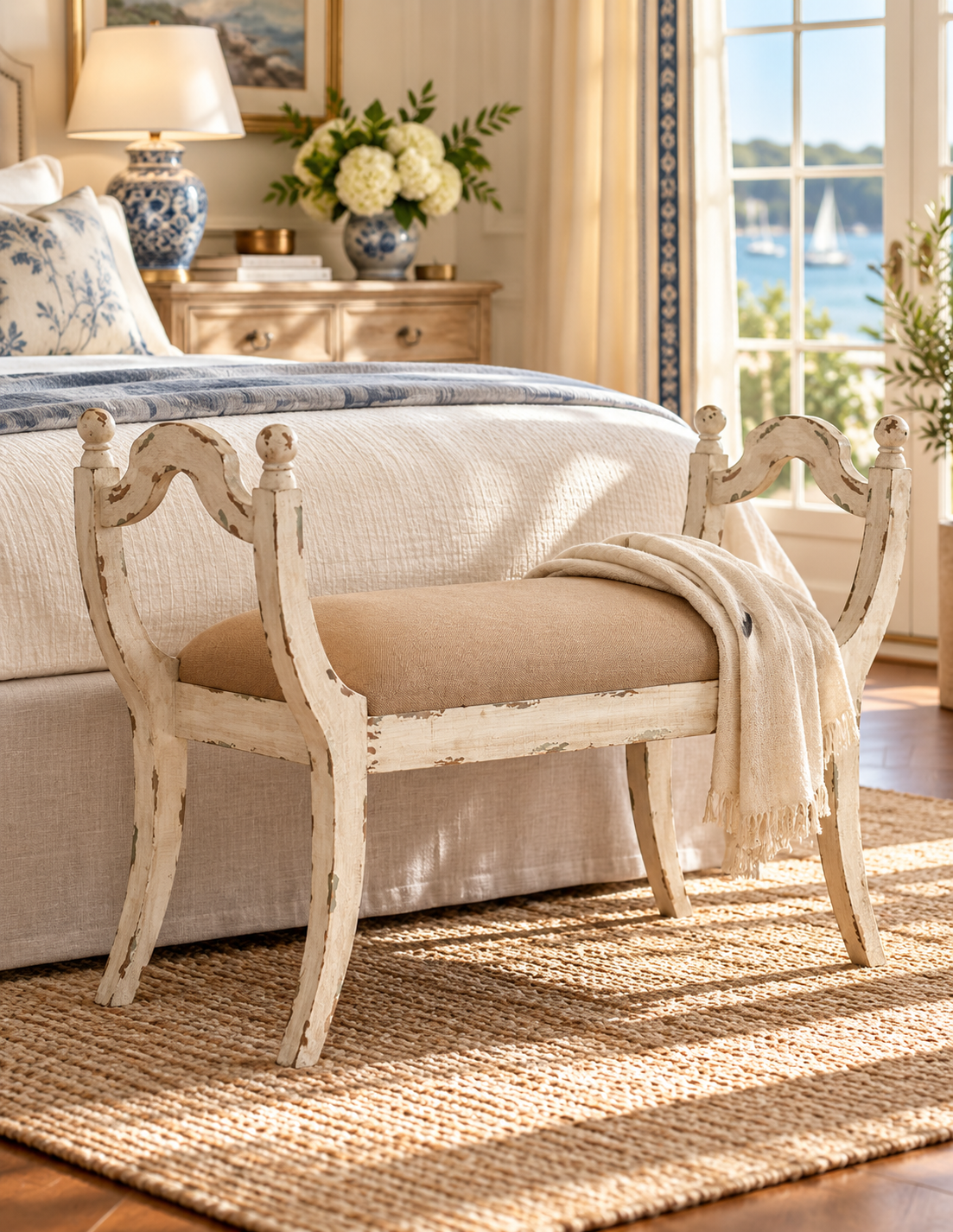 Harlow Country House Bench – Distressed White & Natural Linen
