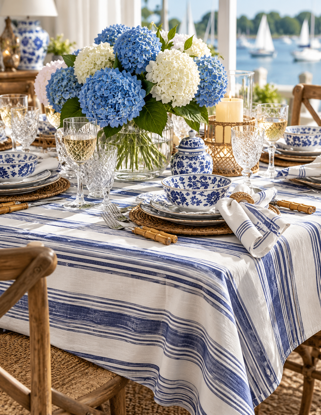 Harbor French Stripe Cotton Tablecloth — Blue & White