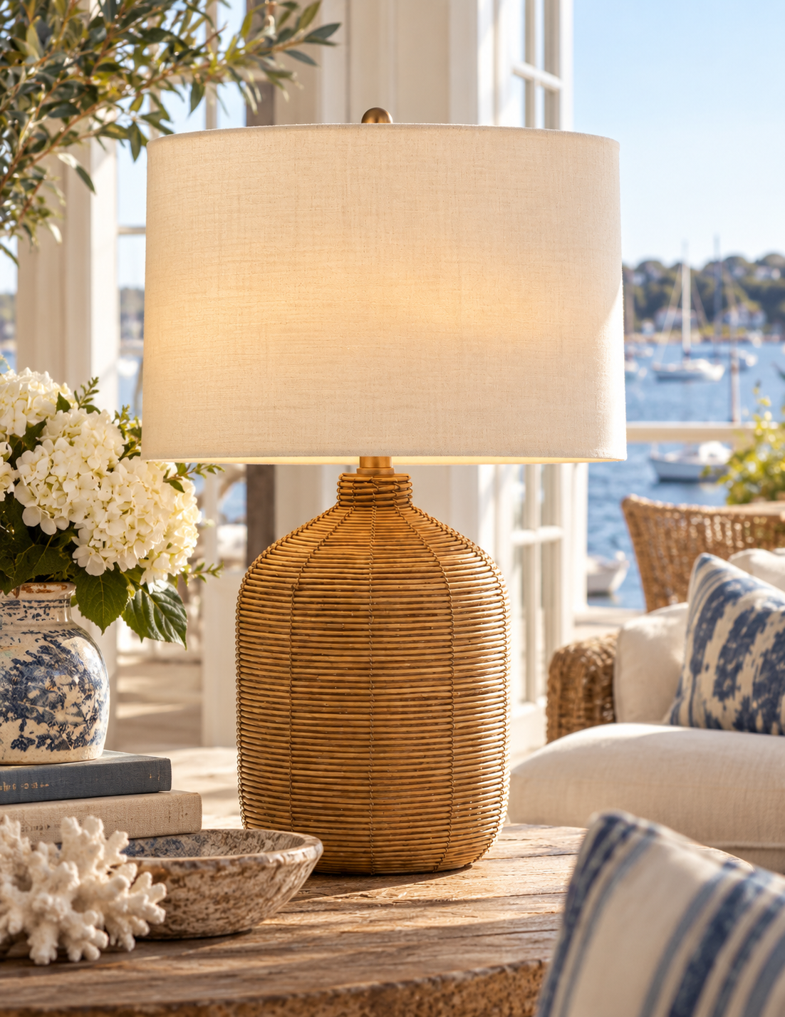 Harbor Weave Rattan Table Lamp with Drum Shade | Black or Natural Brown