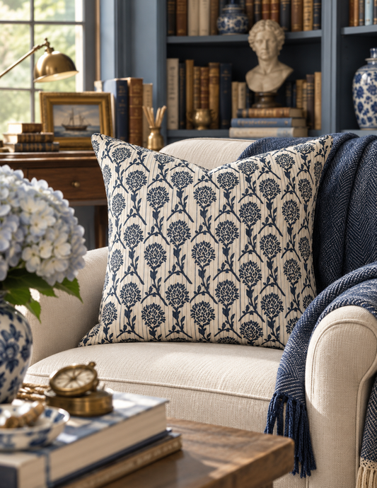 A square throw pillow with a navy blue floral damask pattern on a cream background, styled on a beige armchair in a cozy, book-filled room.