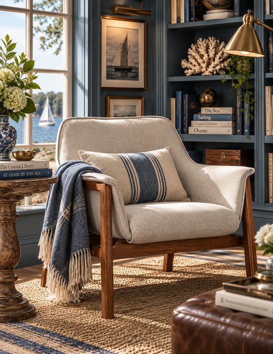 A mid-century modern accent chair upholstered in light beige linen with a warm medium-brown wood frame, styled in a cozy living room setting with a blue throw blanket and striped pillow.