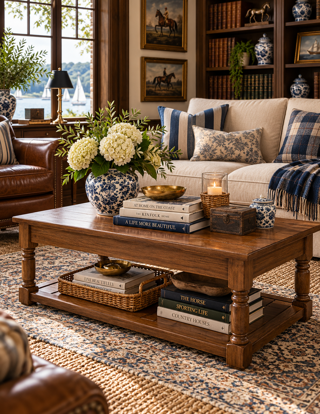 A rustic wooden coffee table in a cozy, sunlit living room. The table is styled with books, a blue and white ceramic vase of white flowers, a candle, and a small wooden box.