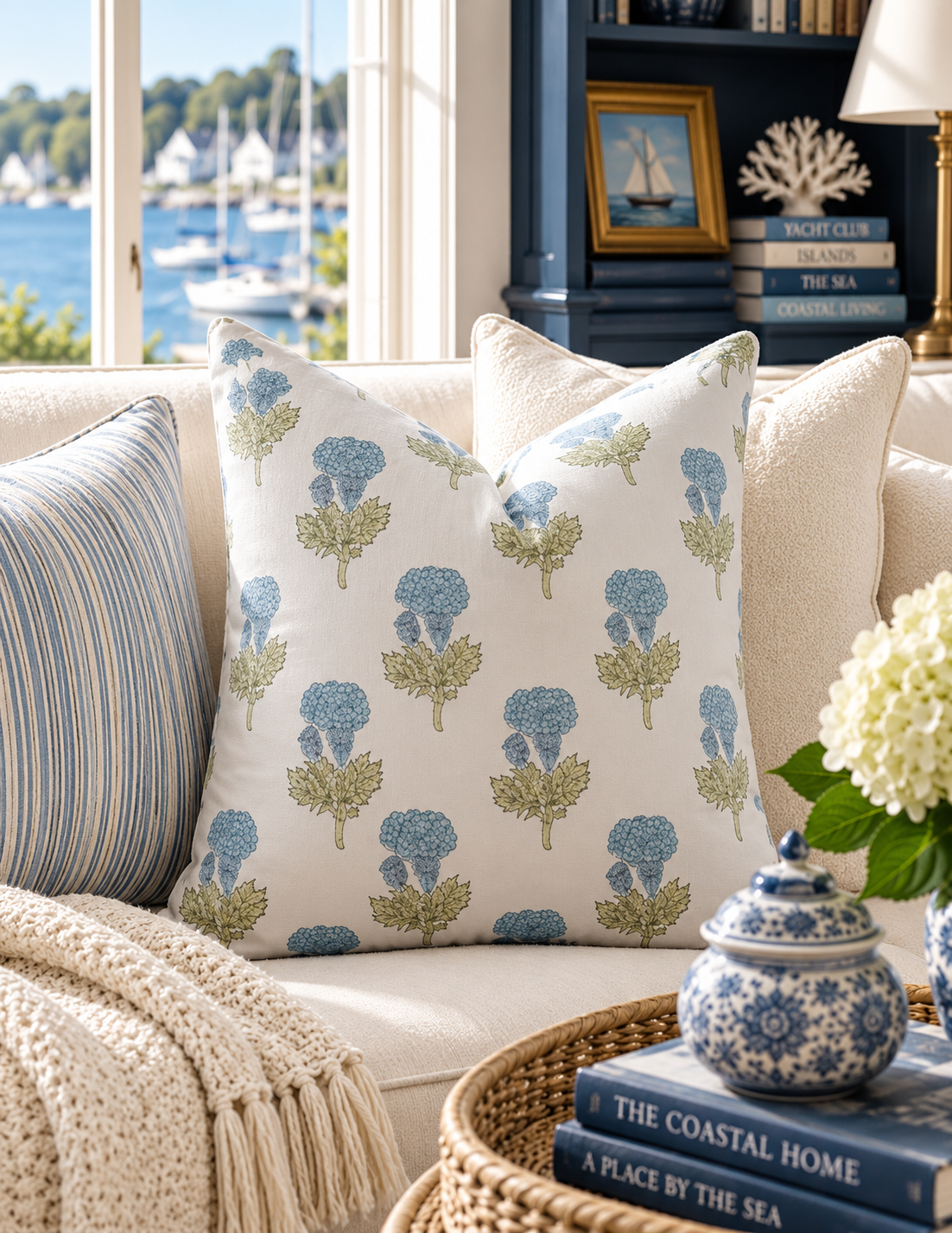 A square throw pillow with a blue and green botanical block print on an off-white background, styled on a cream sofa in a bright, coastal-themed living room.