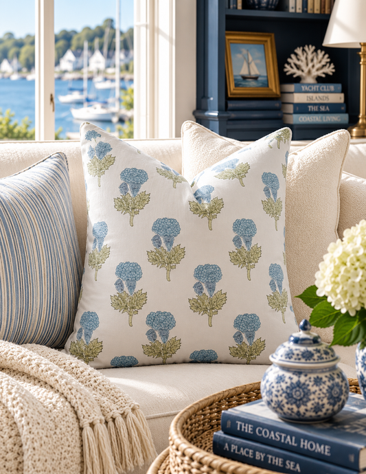 A square throw pillow with a blue and green botanical block print on an off-white background, styled on a cream sofa in a bright, coastal-themed living room.