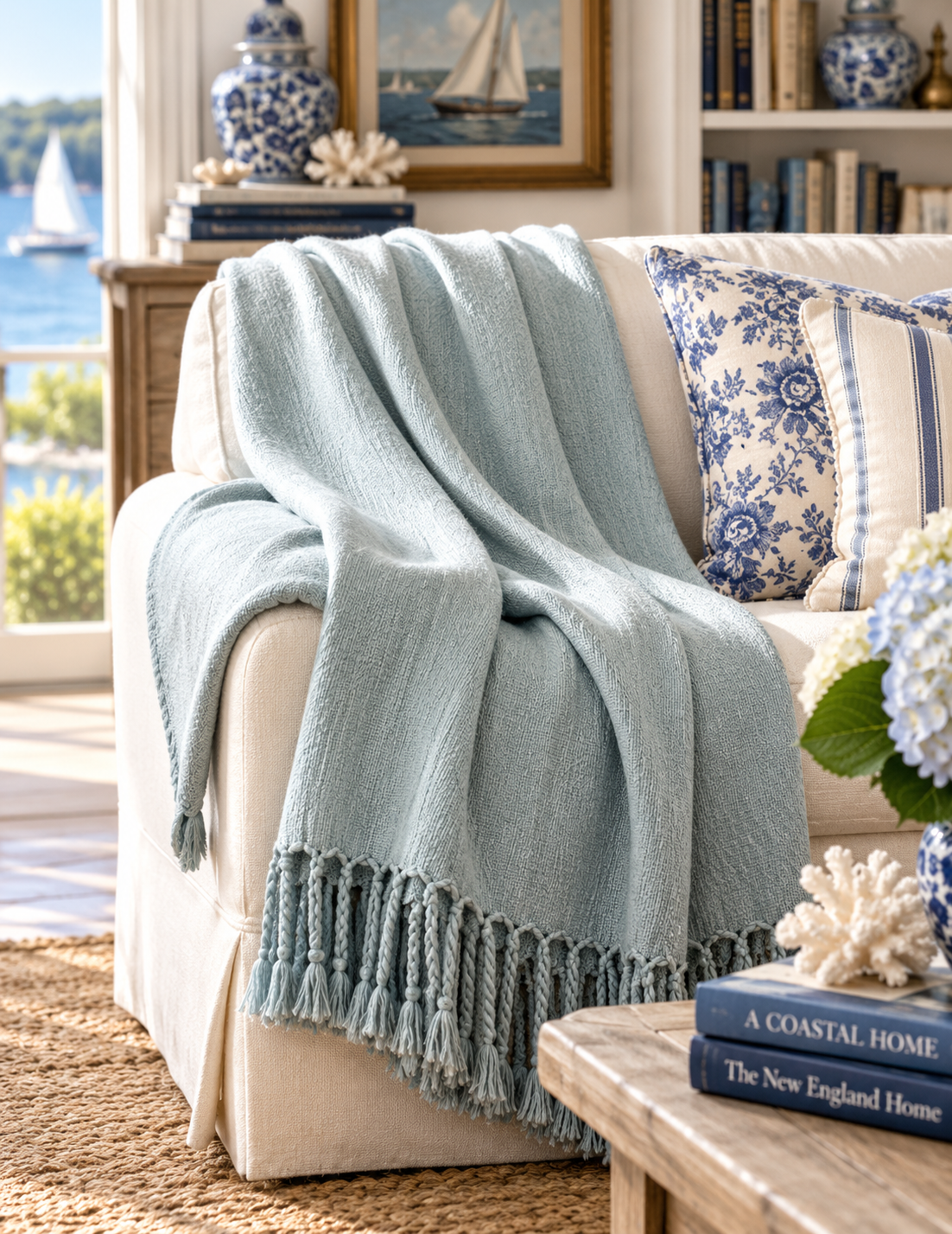 A light blue throw blanket with fringed tassels draped over a cream-colored sofa in a beautifully decorated living room with blue and white patterned pillows.