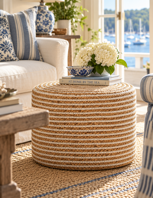 Harbor Weave Natural Water Hyacinth & White Cotton Ottoman – 18"