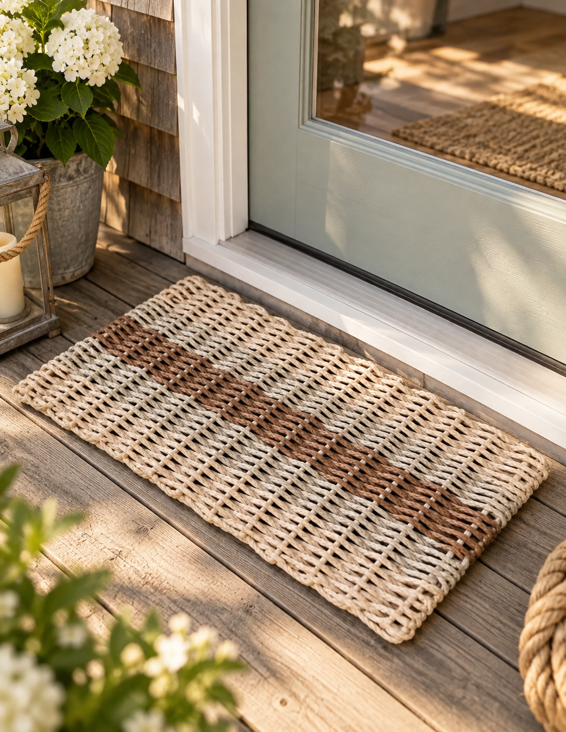 A rectangular woven entryway doormat with a natural beige base and a horizontal brown stripe, placed on a wooden porch floor in front of a glass door.