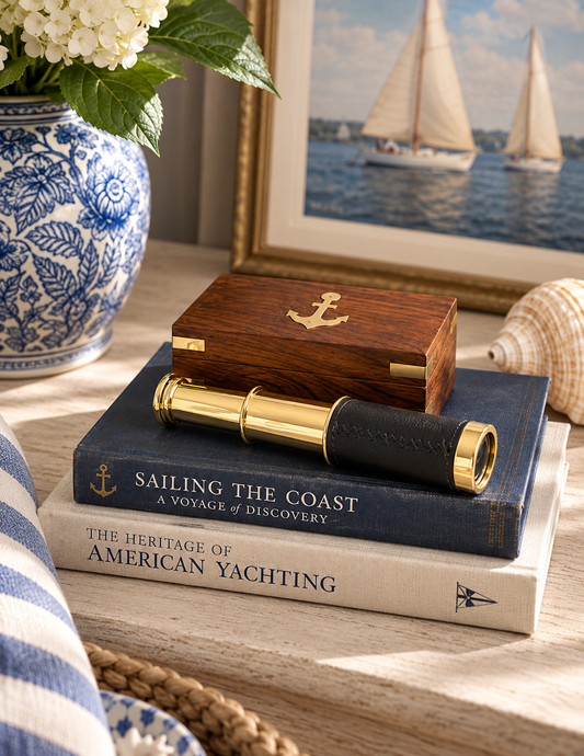 A brass and black leather spyglass-style accessory rests on stacked books, with a small wooden box featuring an anchor emblem on top. The scene is styled on a tabletop with a blue-and-white patterned vase, a seashell, and a framed sailboat print in the background.