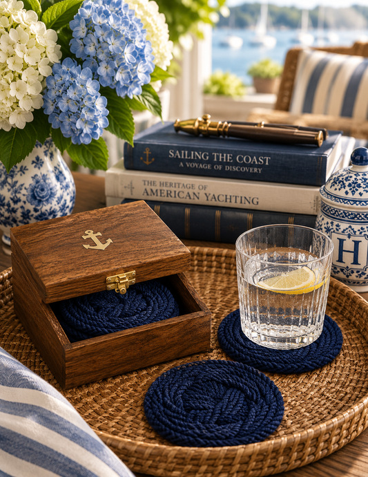 Nautical Anchor Coaster Set with Decorative Storage Box – 4 Navy Rope Drink Coasters