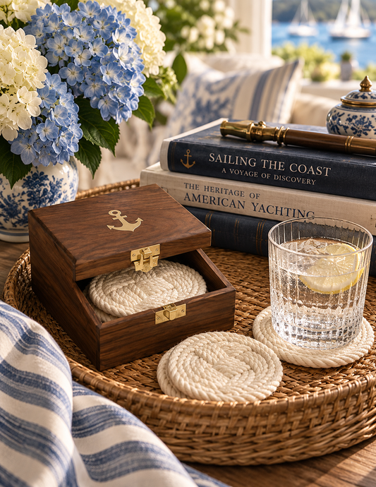 Nautical Anchor Coaster Set with Decorative Storage Box – 4 White Drink Coasters