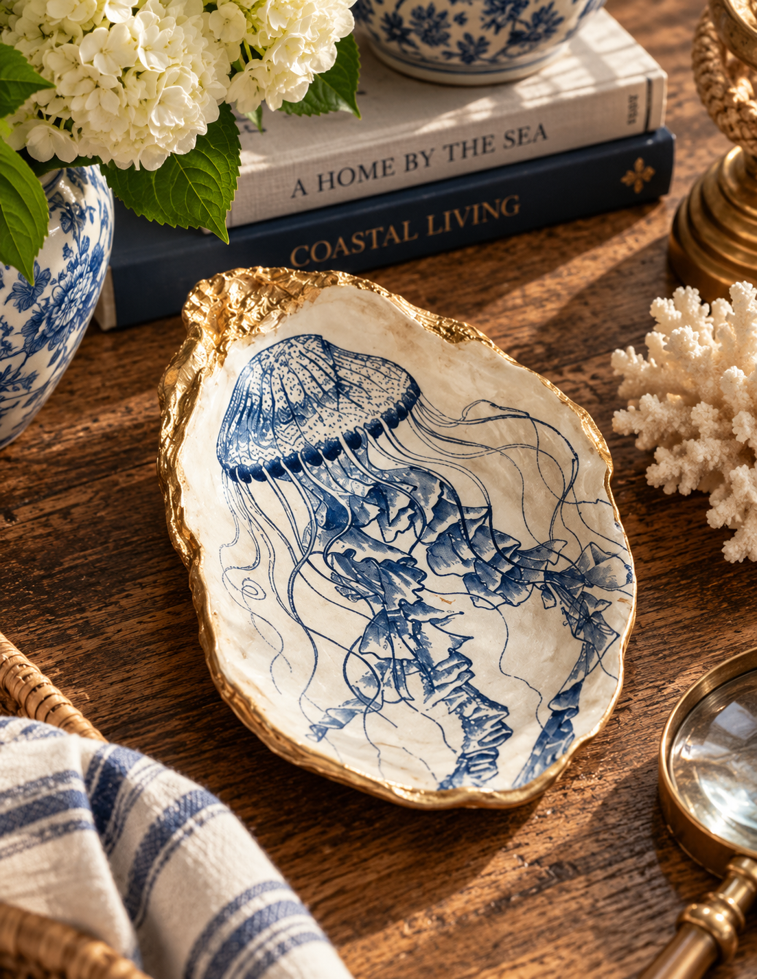 Blue & White Sea Life Shell Trinket Dish