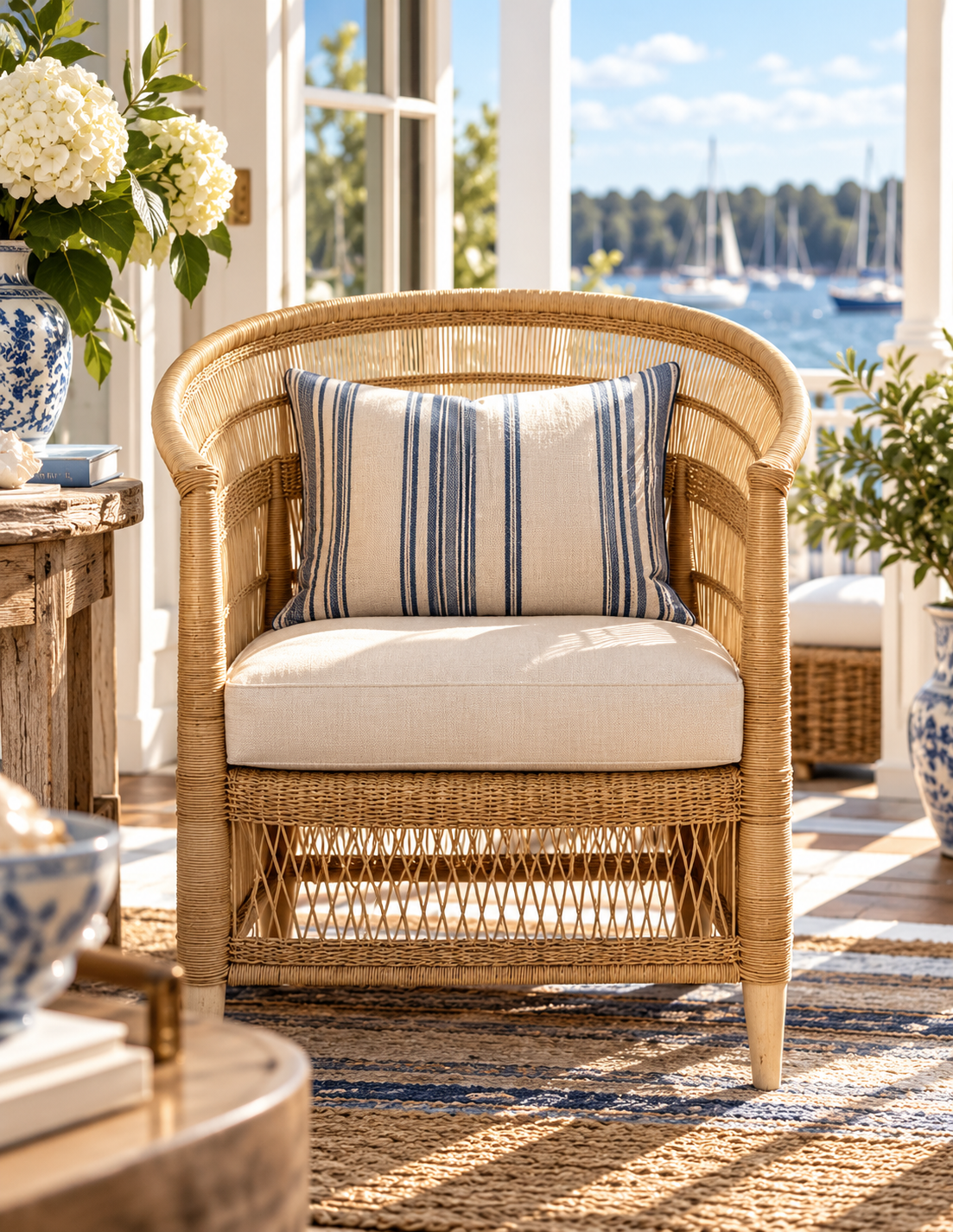 A natural wicker armchair with cream cushions and a blue-and-white striped accent pillow, styled on a porch with a waterfront view in the background.
