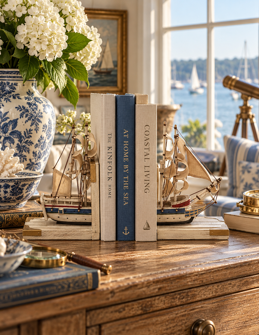 Three decorative books standing upright on a wooden console table, styled with two miniature model ships as bookends. The books are titled 'The Kinfold Book', 'At Home by the Sea', and 'Coastal Living'.