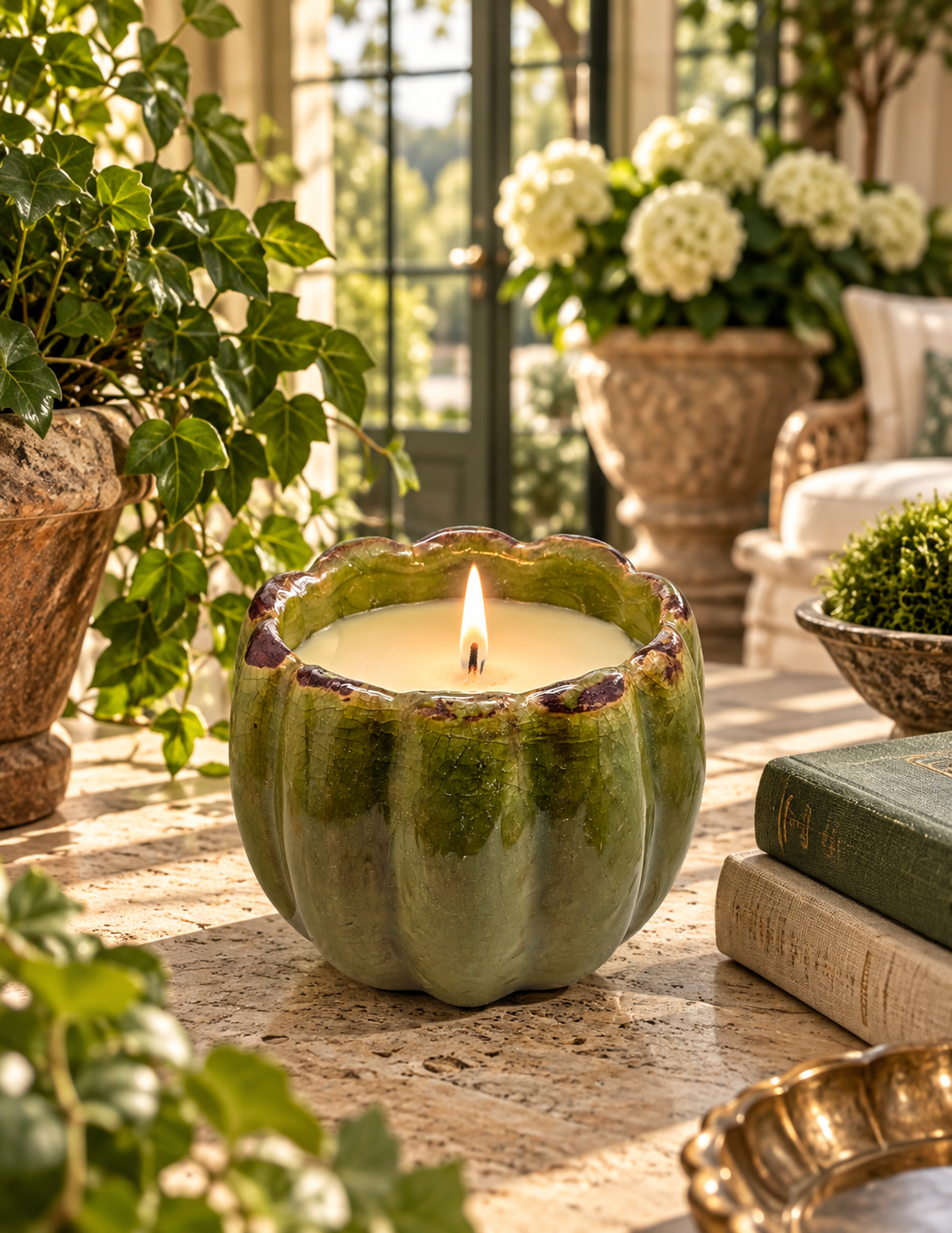 A lit candle in a sculptural green pumpkin-shaped ceramic holder sits on a sunlit stone table, surrounded by potted plants, flowers, and books in a garden-inspired interior setting.