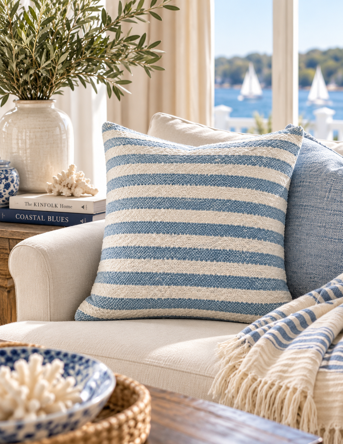 A square throw pillow with blue and off-white horizontal stripes is styled on a cream-colored armchair in a bright, coastal-themed living room. A matching blue and white striped knit throw blanket is draped over the chair, with a vase of greenery and books on a side table in the background.