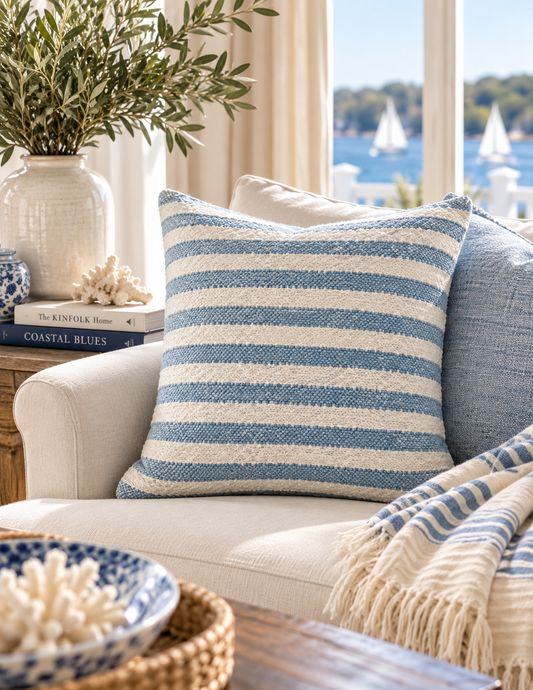 A square throw pillow with blue and off-white horizontal stripes is styled on a cream-colored armchair in a bright, coastal-themed living room. A matching blue and white striped knit throw blanket is draped over the chair, with a vase of greenery and books on a side table in the background.