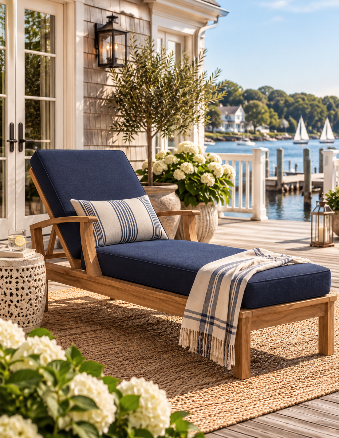 A wooden outdoor chaise lounge with navy blue cushions sits on a deck beside a waterfront patio. A striped throw pillow, a cream-and-navy fringed blanket, and a woven rug are included in the styled scene.