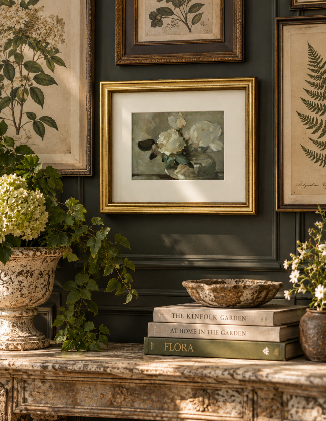 A framed botanical art print with white roses in a gold frame, styled on a dark green wall above a marble console table with books and potted plants.
