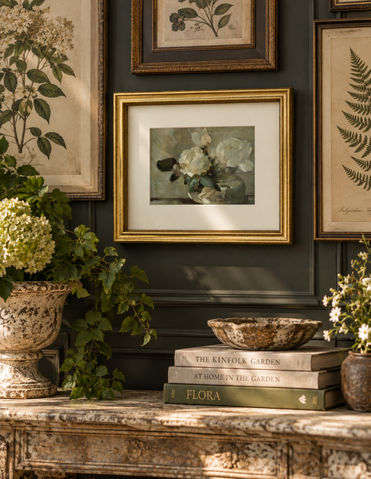 A framed botanical art print with white roses in a gold frame, styled on a dark green wall above a marble console table with books and potted plants.