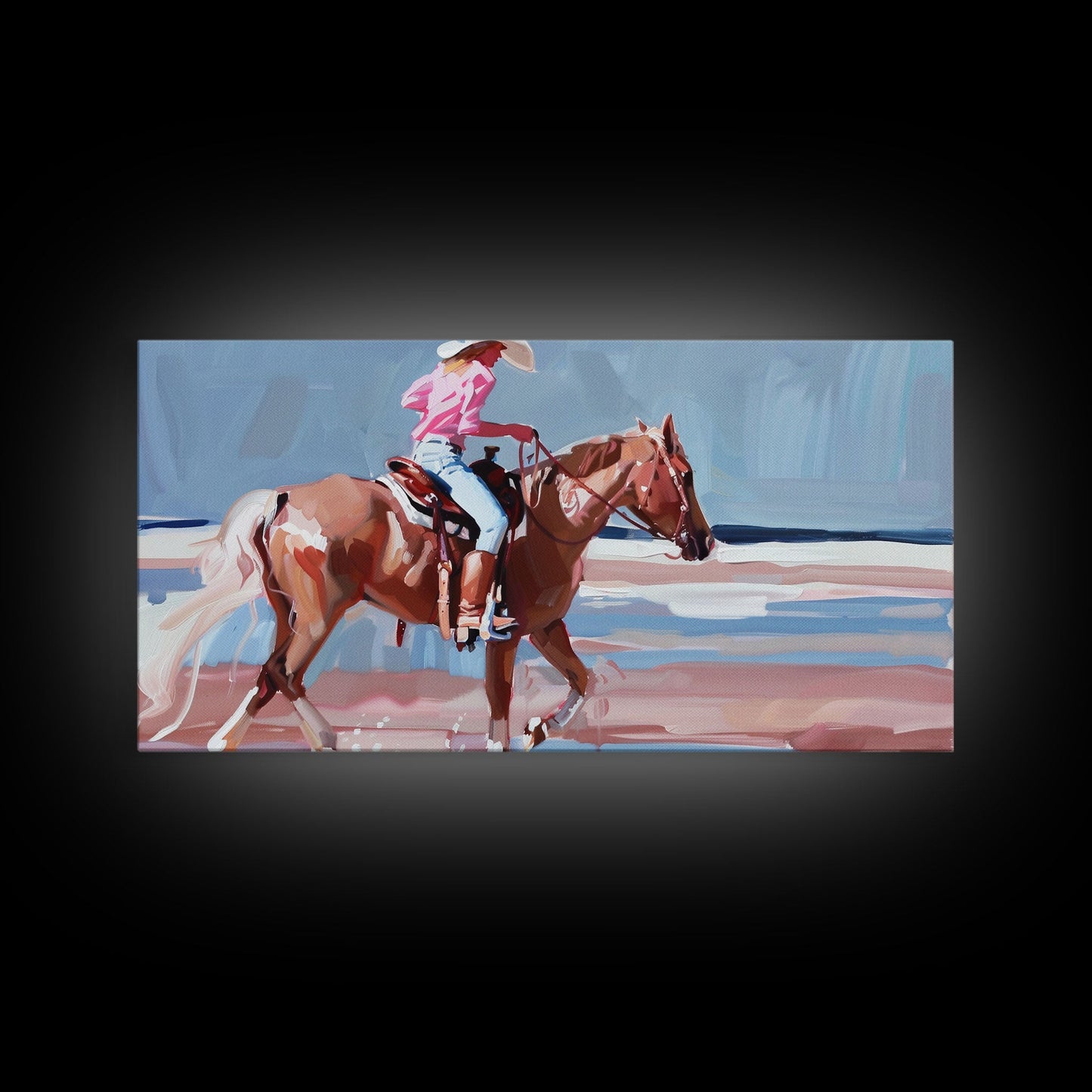Woman Riding Horse on Beach, Peaceful Framed Canvas Print, Great for Coastal Living Room Art, Beach Bedroom Decor, Equestrian Wall Art