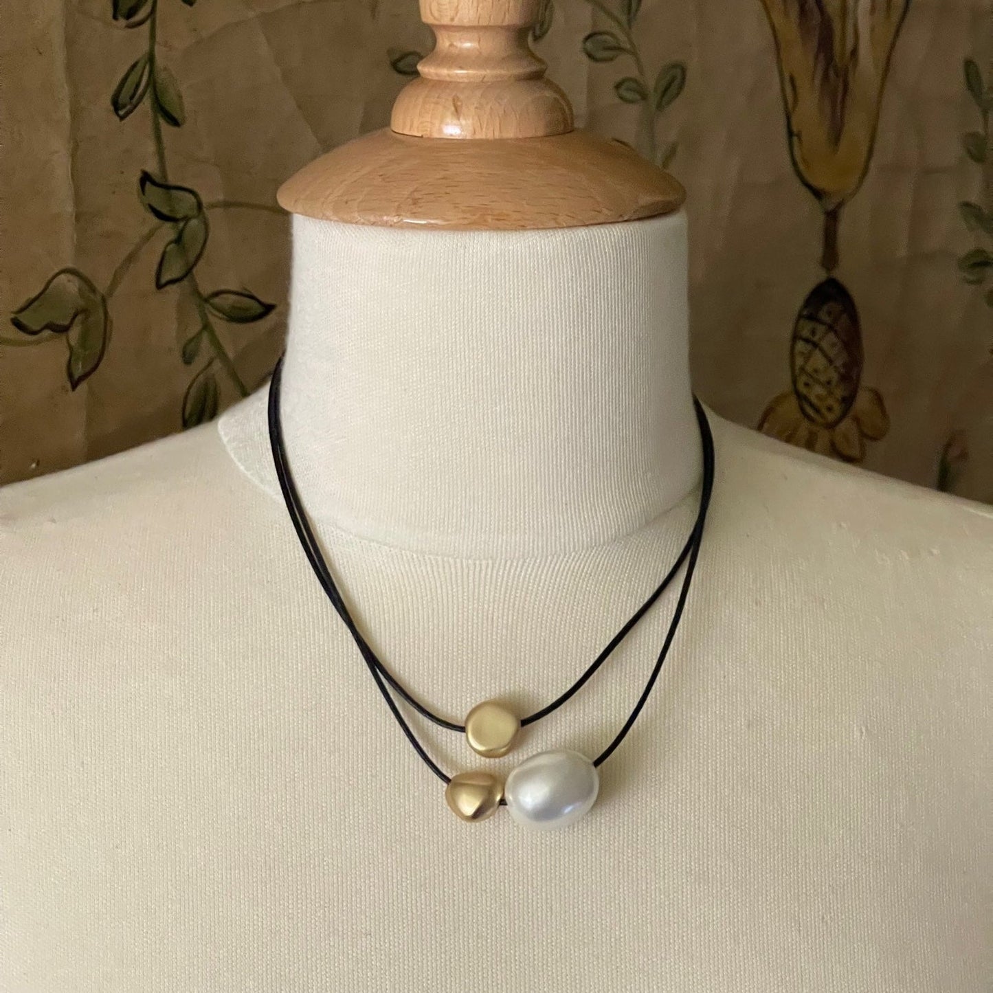 Cotton Pearl And Matte Gold Bead Waxed Black Linen Graduated Necklace