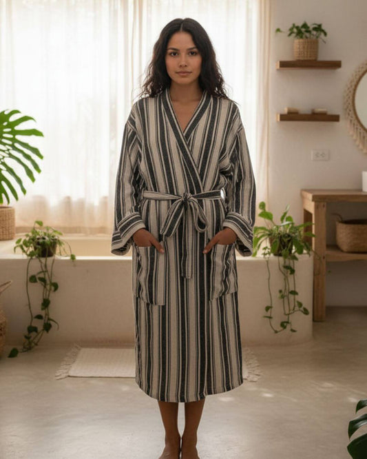Cotton Linen Blend Kimono Bathrobe – Lightweight Unisex Robe
