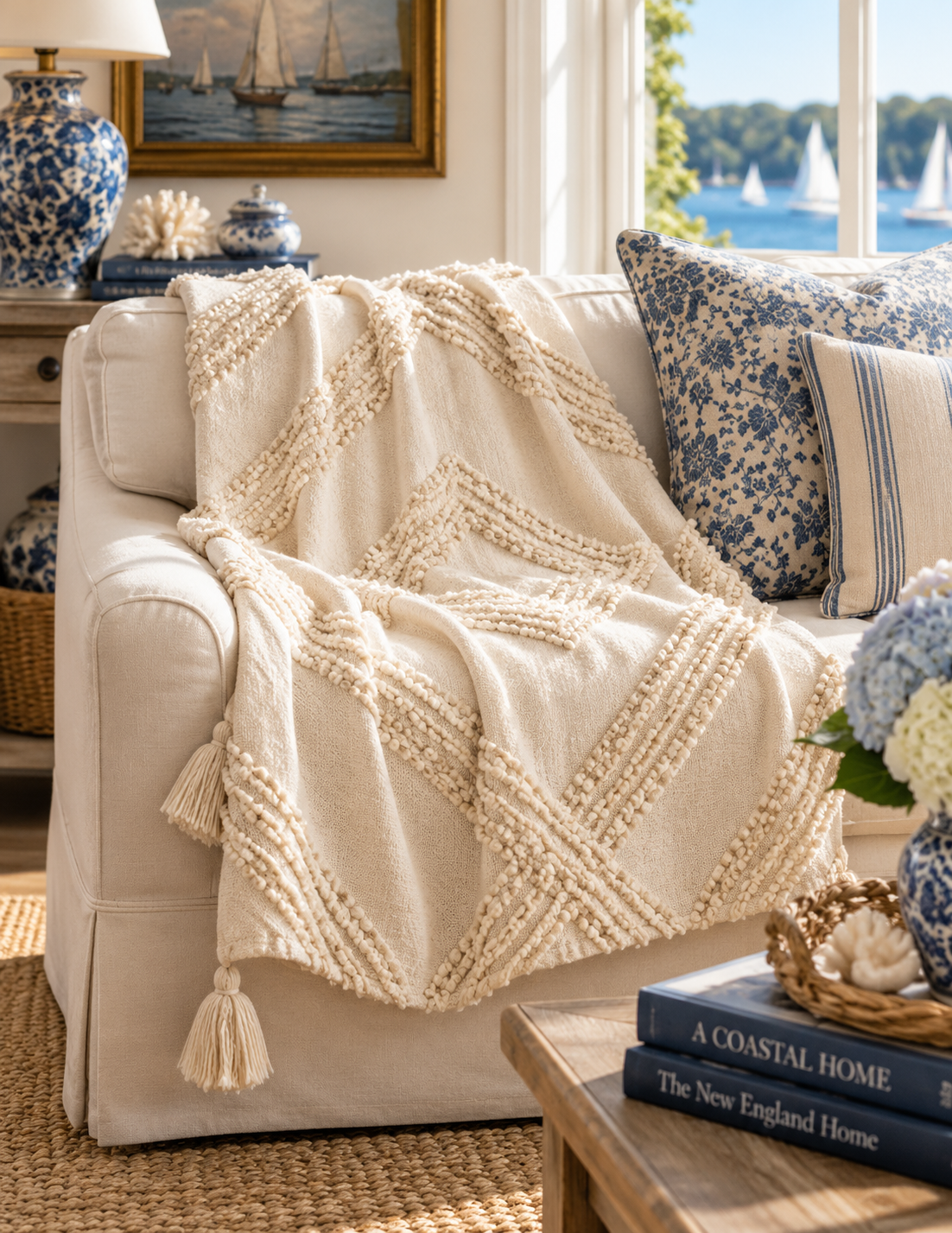 A cream-colored textured throw blanket with braided geometric patterns and tassels draped over a light beige armchair in a sunlit living room. The scene includes blue floral pillows, a wooden coffee table with books, and a window overlooking water with sailboats.
