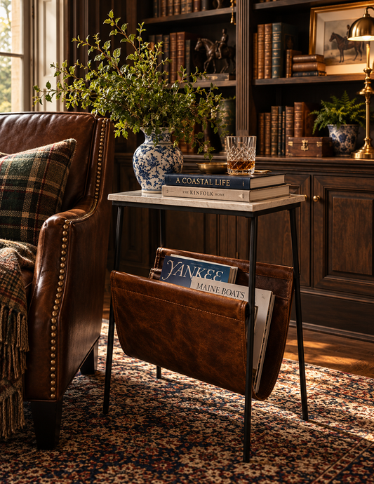 The Mariner Marble & Saddle Magazine Table