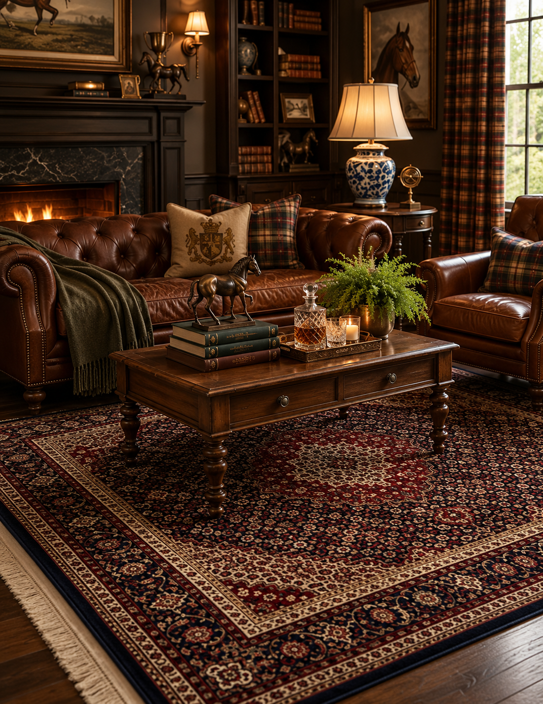 A styled rustic living room featuring a large traditional oriental area rug with a dark red and navy pattern, a brown leather sofa, a wooden coffee table, and a fireplace in the background.