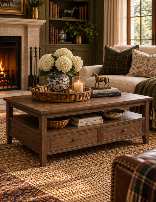 Ashcombe Shaker Coffee Table with Dual Drawers & Open Storage Shelf