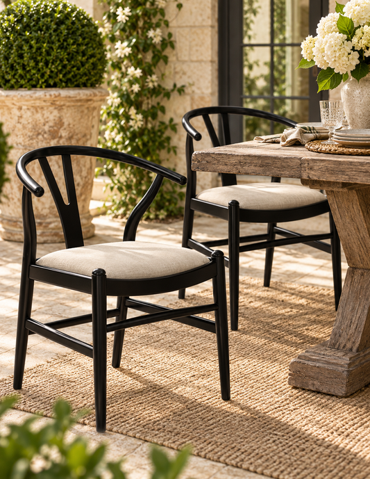 Two outdoor dining chairs with black frames and light beige seat cushions, placed beside a rustic wooden table on a woven rug in a patio setting.