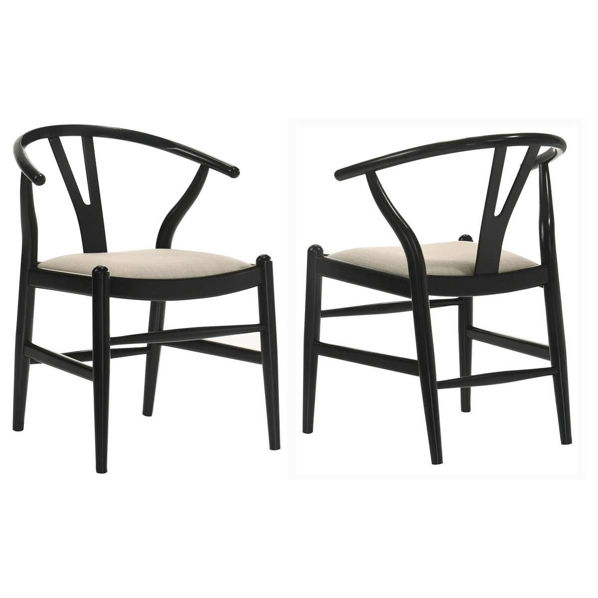 Two black armchairs with white cushions on a white background