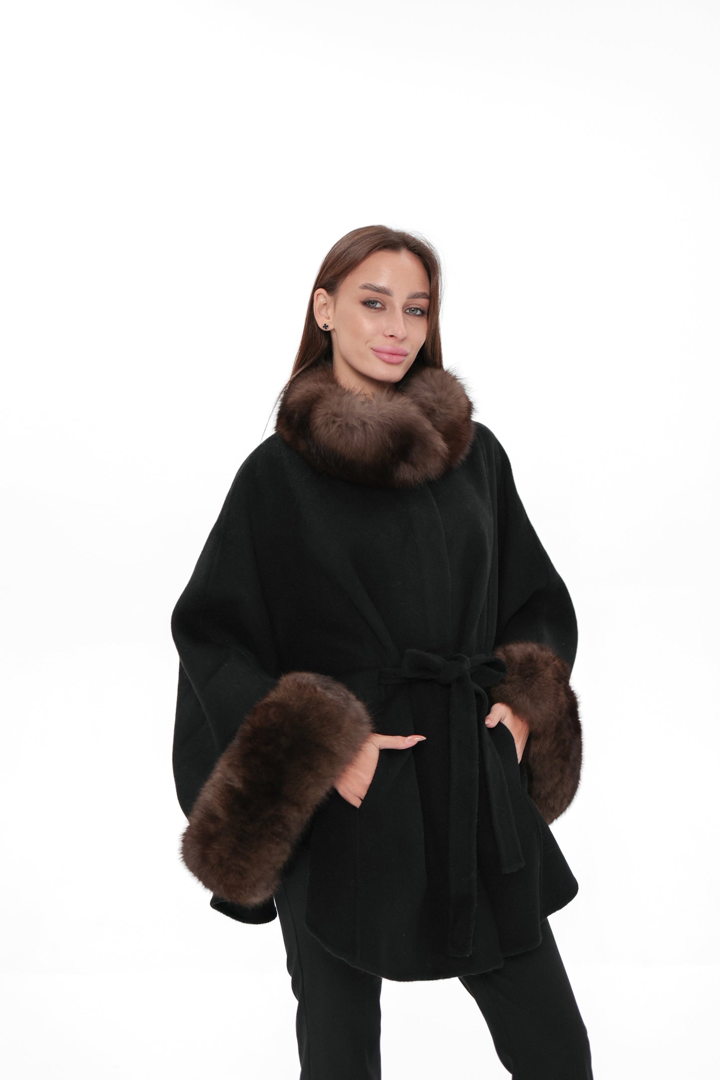 Genuine Polar Fox Fur Double Face Wool Poncho