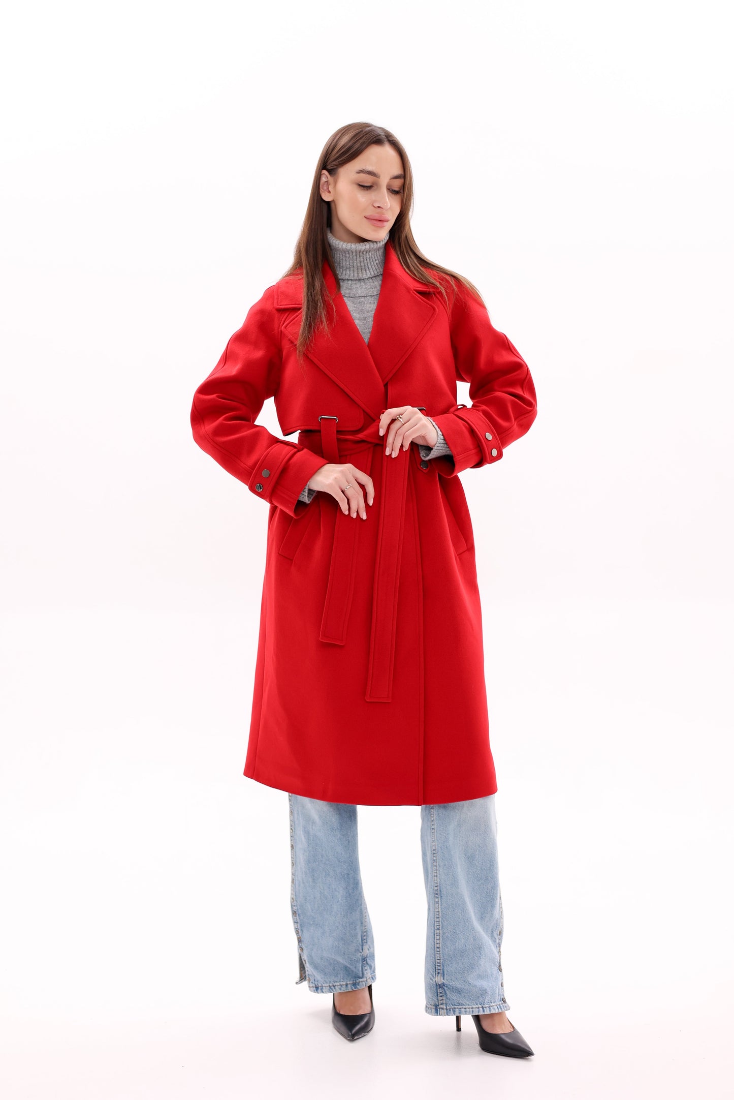 Karina Belted Wool Cashmere Blend Overcoat in Ruby