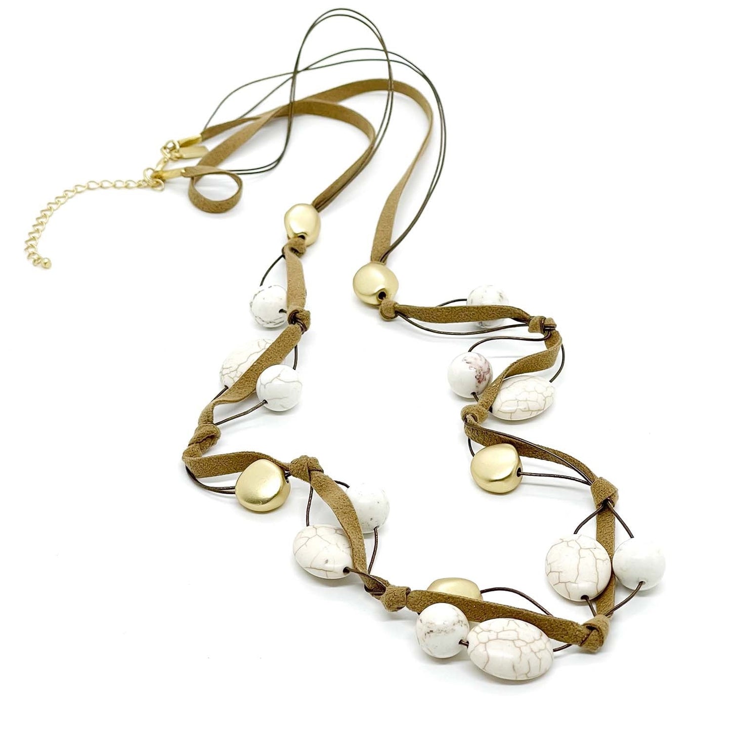 White Magnesite And Matte Gold Pebble Bead Toursade Necklace