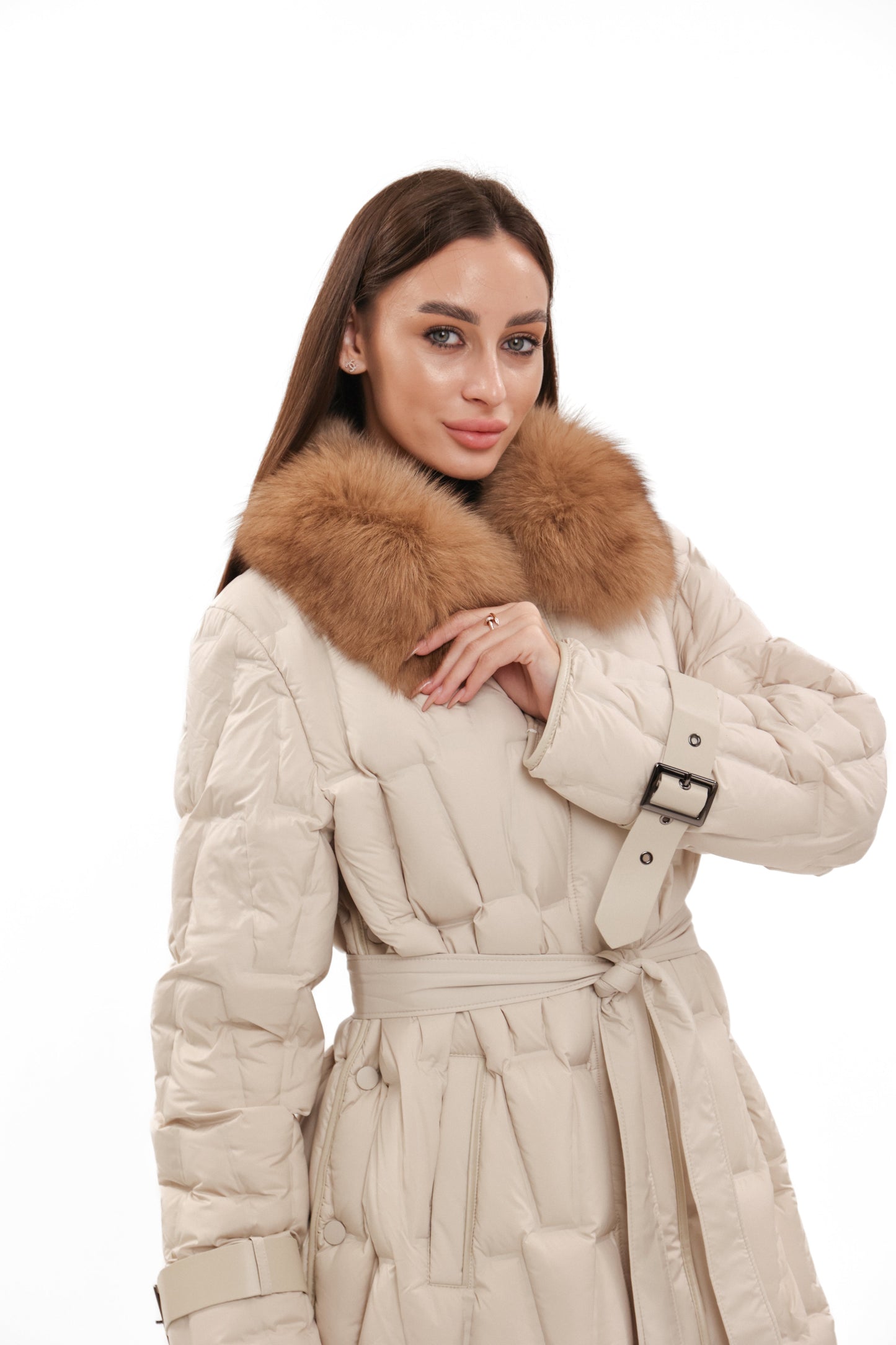 Riley Genuine Fur Trim Down Fill Coat in Ivory