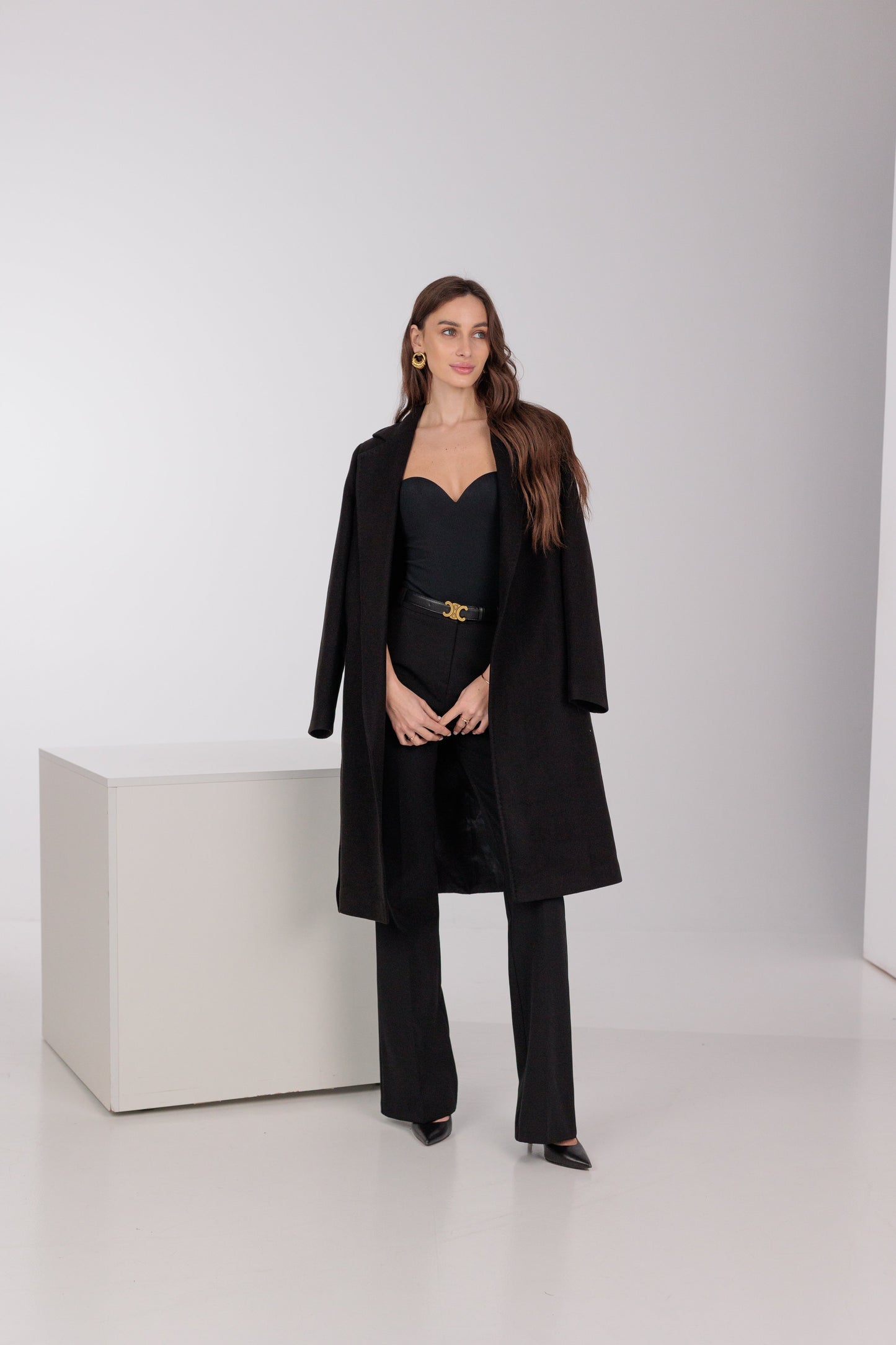Geneva Classic Wraparound Wool Blend Overcoat in Black