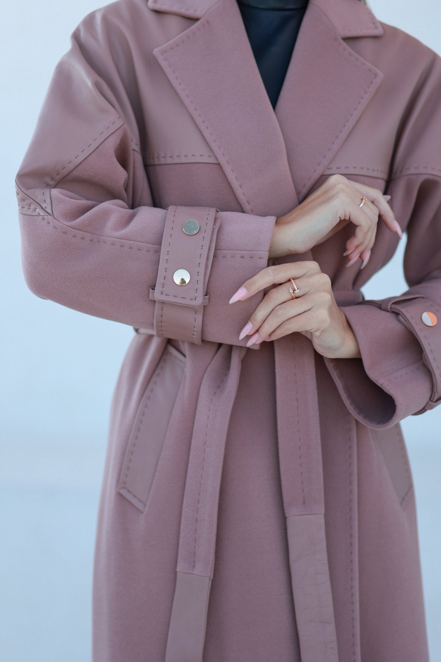 Rose Leather Trim Cashmere Blend Overcoat