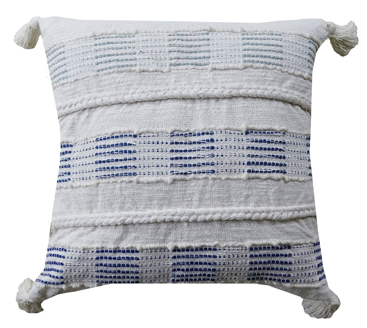 Blue & White Woven Tassel Throw Pillow – 22"