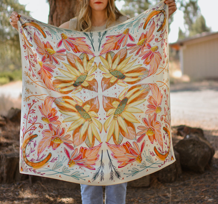 Lucky Wildflowers Large 100% Mulberry Silk 35x35: Cowgirl Western Scarf Wild Rag