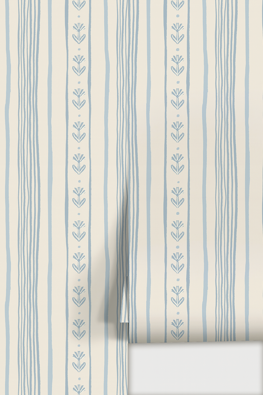 Daisy Chain Stripe Wallpaper, beige and light blue