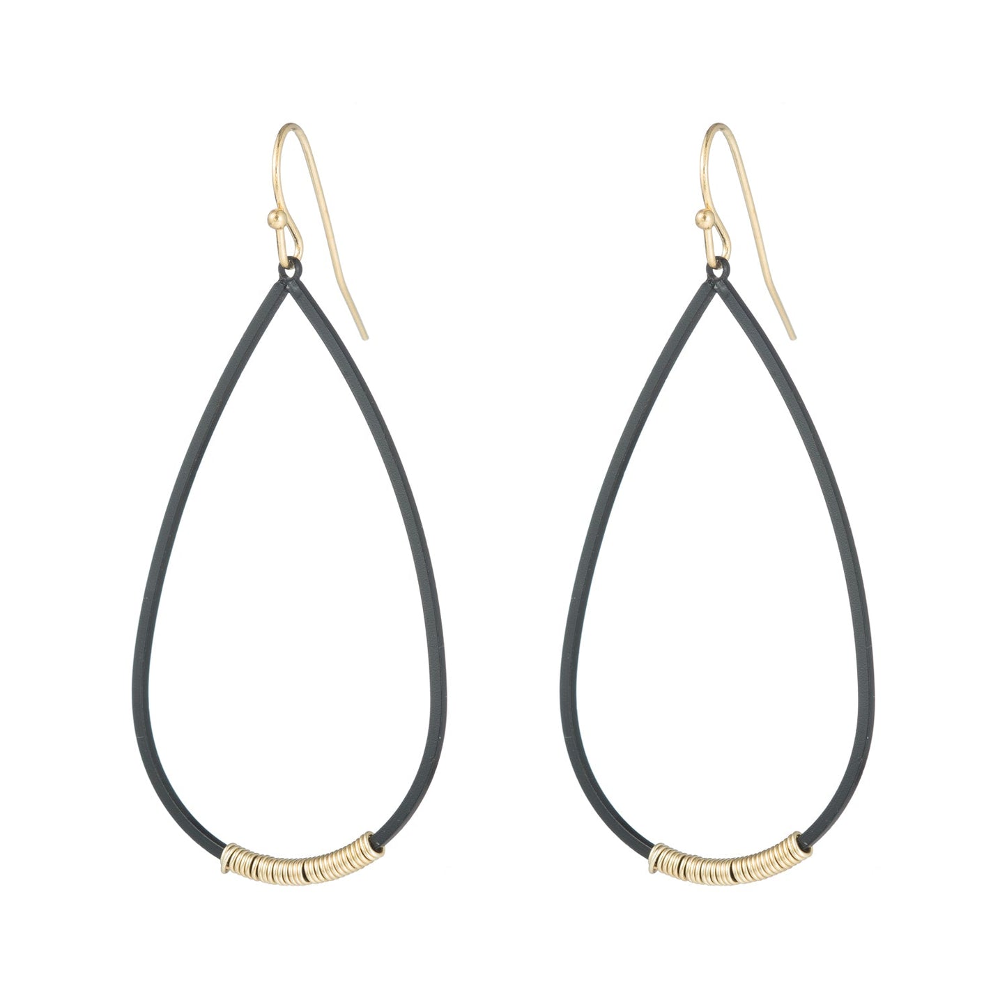 Matte Black Teardrop Gold Wire Wrapped Earrings