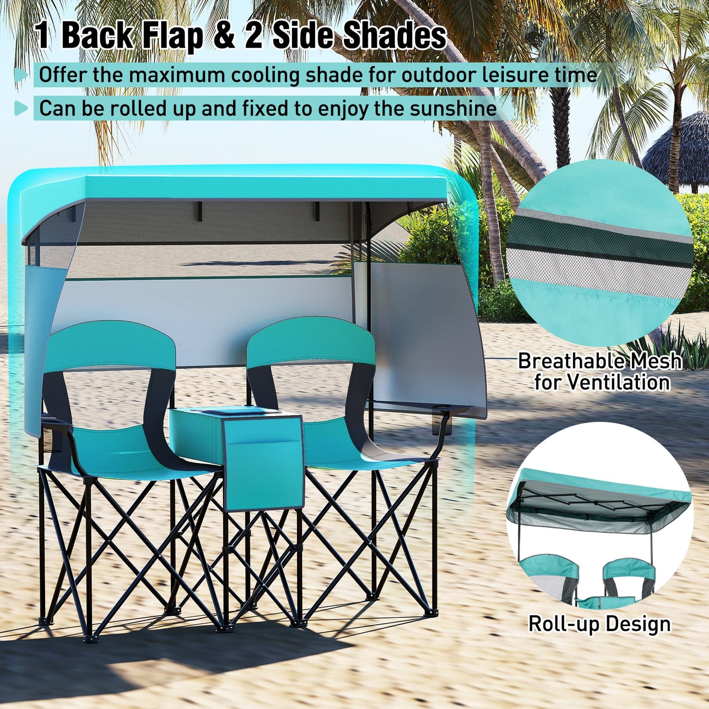 Double Beach Chair with Adjustable Canopy and 3 -Side Shading Curtains