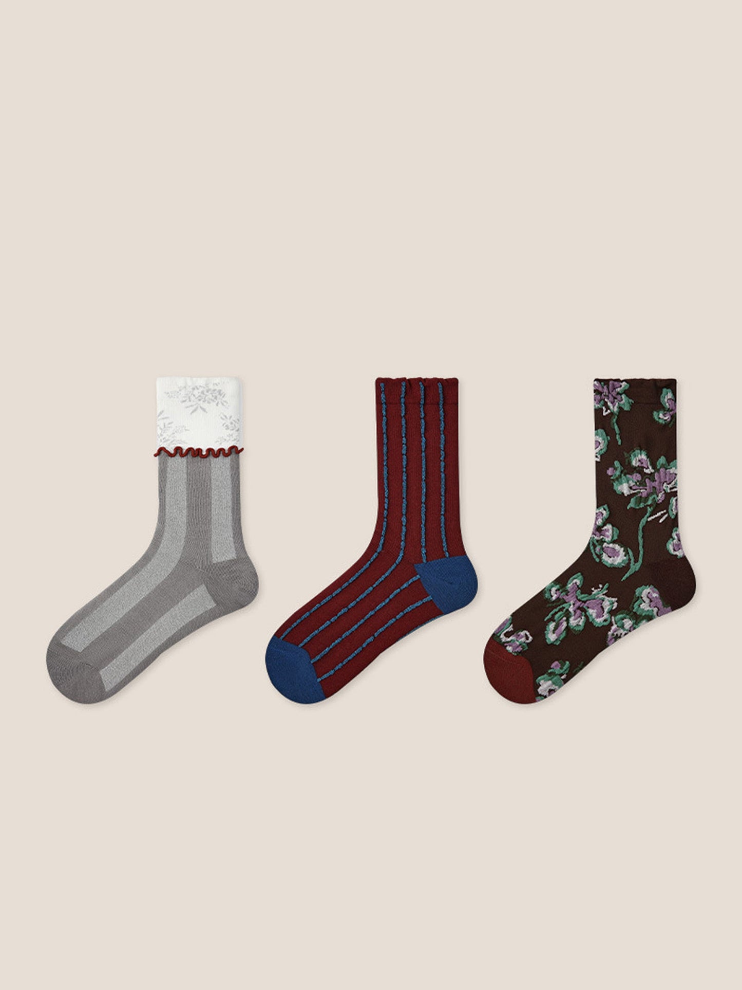Long-Staple Cotton 3-Pair Floral Embossed Slouch Mid-Calf Sock Set
