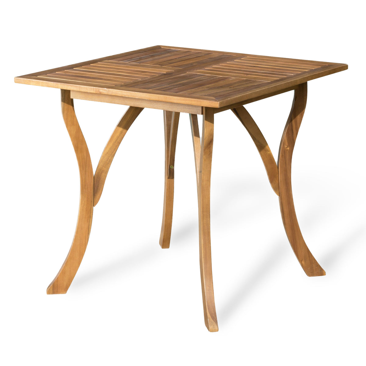 Wooden outdoor table with slatted top on a white background