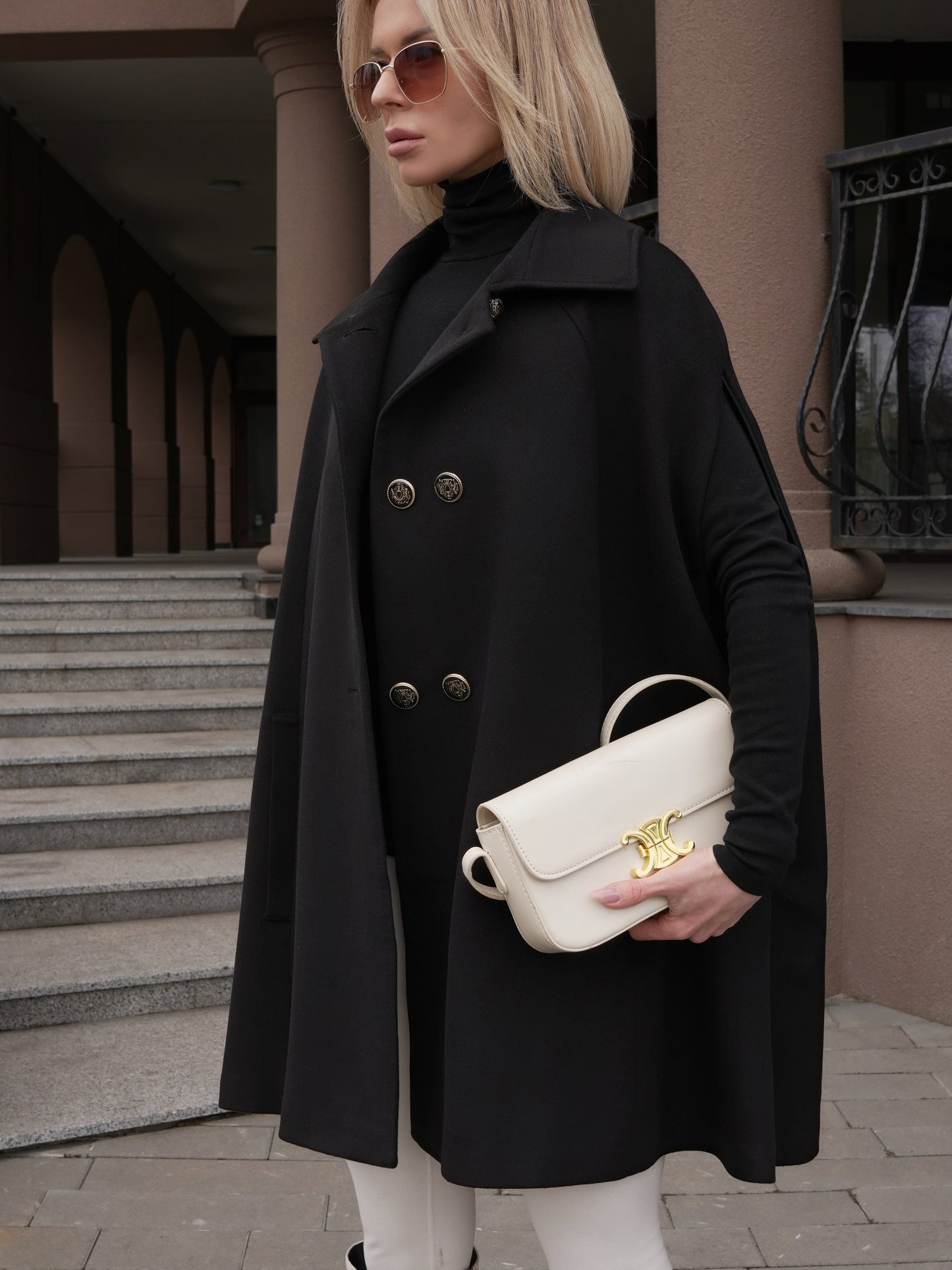Paris Cashmere Bland Cape Coat in Black