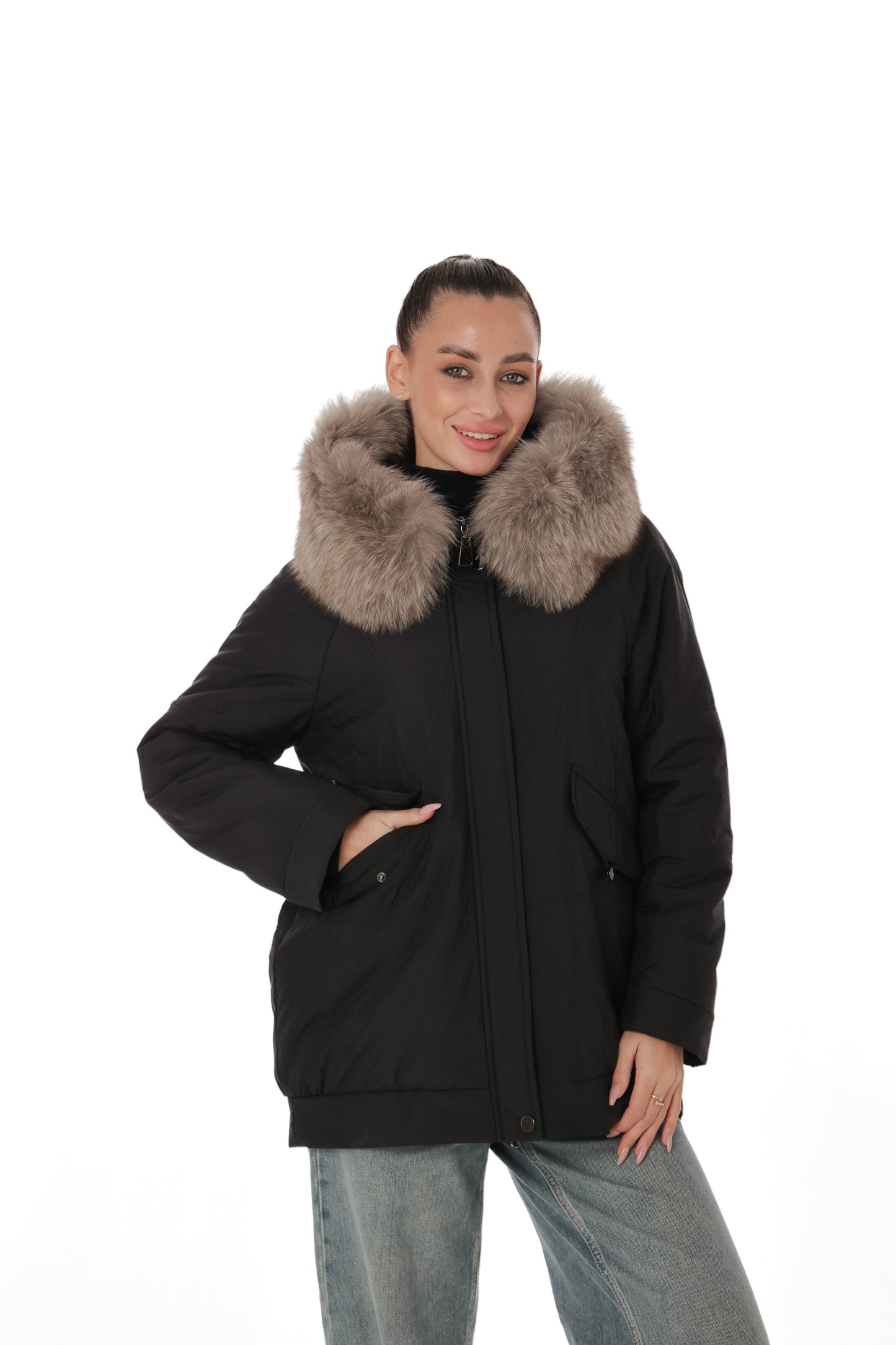 Genuine Polar Fox Camel Wool Blend Coat