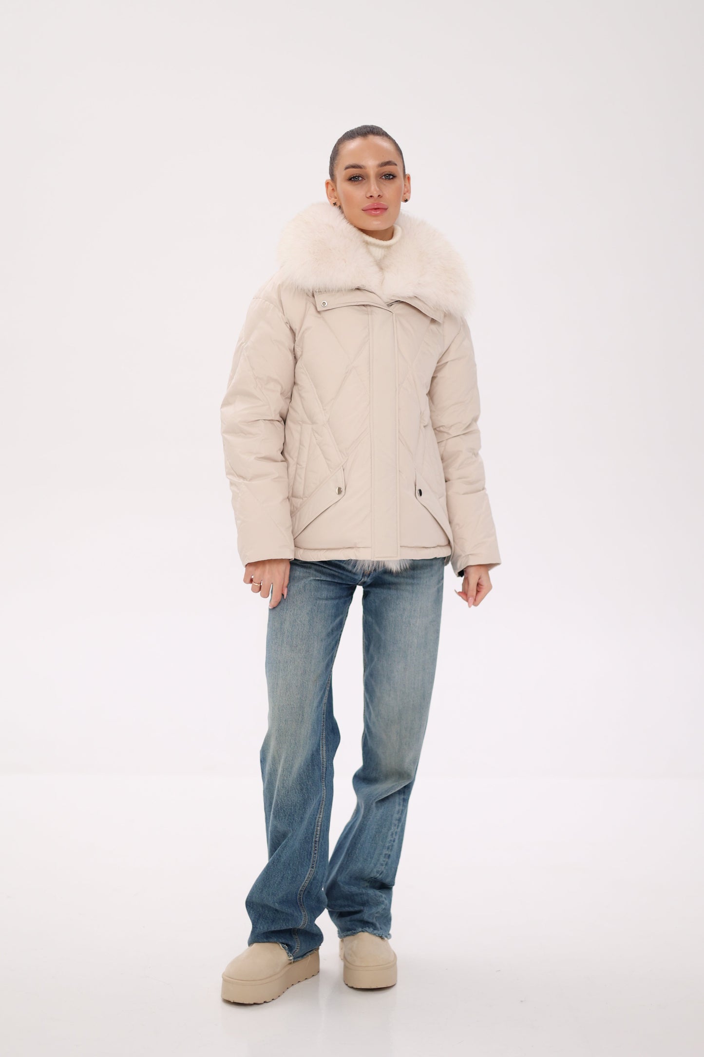 Genuine Polar Fox Fur Down Insulated Parka in Ivory