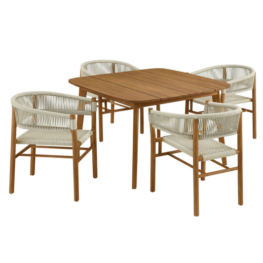 Vienna 5-Piece Outdoor Patio Teak and Rope Dining Set with Curved-Back Armchairs